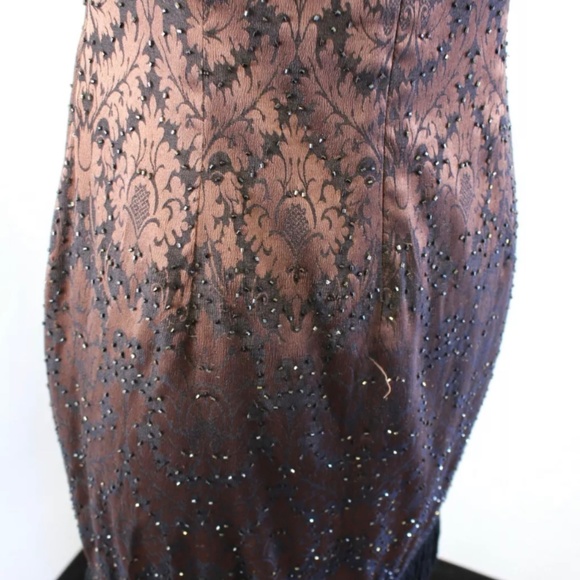 Vtg 90s Cache Brown Black Jacquard Fringe Sequin Beaded Cocktail Party Dress 6 - Picture 5 of 6